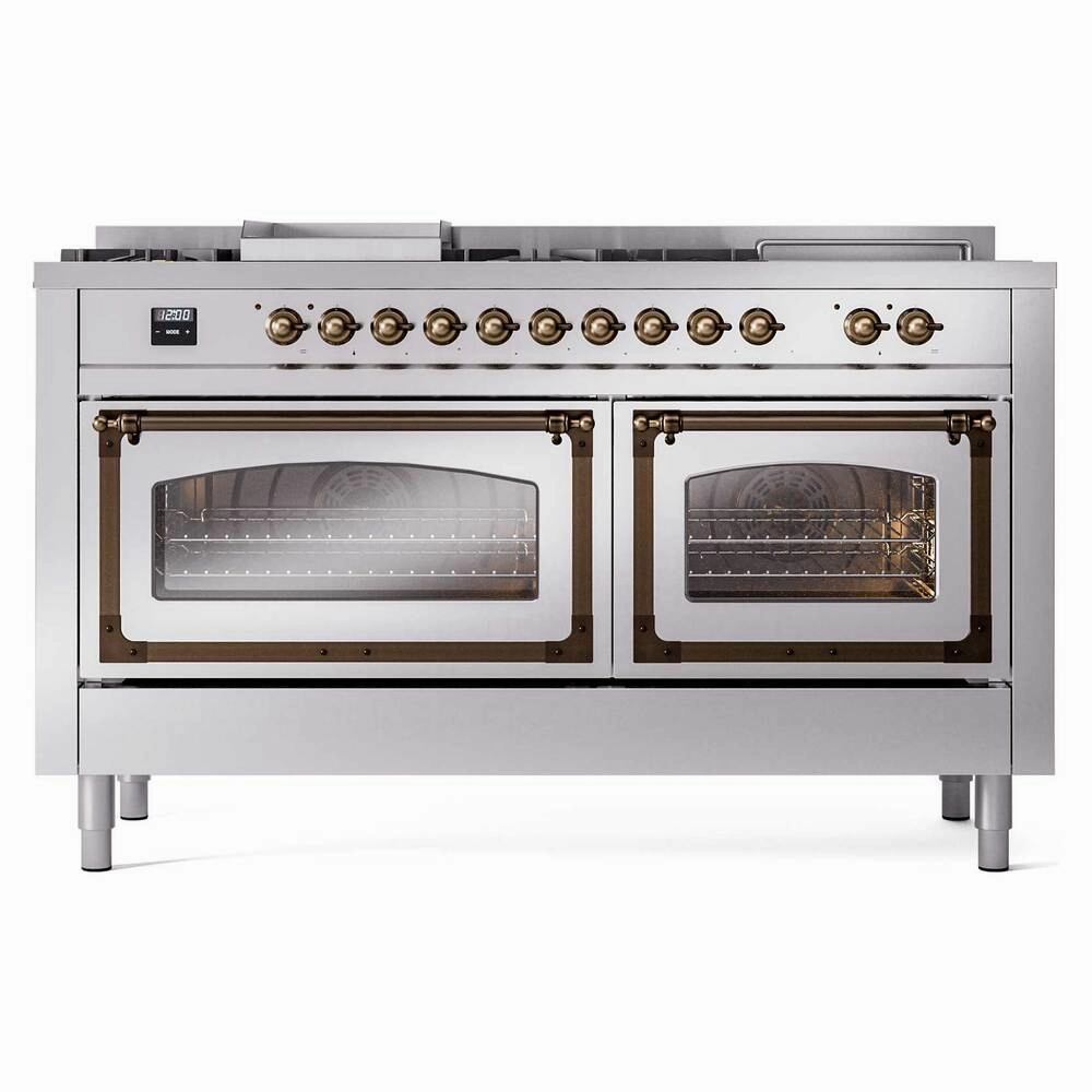 Ilve UN60FSNMPSSBLP Ilve Un60Fsnmpssblp Nostalgie Ii Noblesse 60" Dual Fuel Range (7 Sealed Burners   Griddle   French Top, Liquid Propane, Triple Glass Door, Stainless Steel, Burnished)