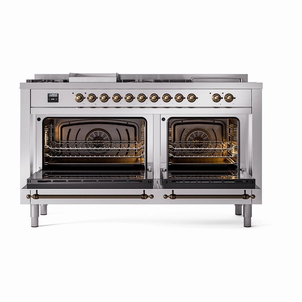 Ilve UN60FSNMPSSBLP Ilve Un60Fsnmpssblp Nostalgie Ii Noblesse 60" Dual Fuel Range (7 Sealed Burners   Griddle   French Top, Liquid Propane, Triple Glass Door, Stainless Steel, Burnished)