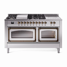 Ilve UN60FSNMPSSBLP Ilve Un60Fsnmpssblp Nostalgie Ii Noblesse 60" Dual Fuel Range (7 Sealed Burners   Griddle   French Top, Liquid Propane, Triple Glass Door, Stainless Steel, Burnished)