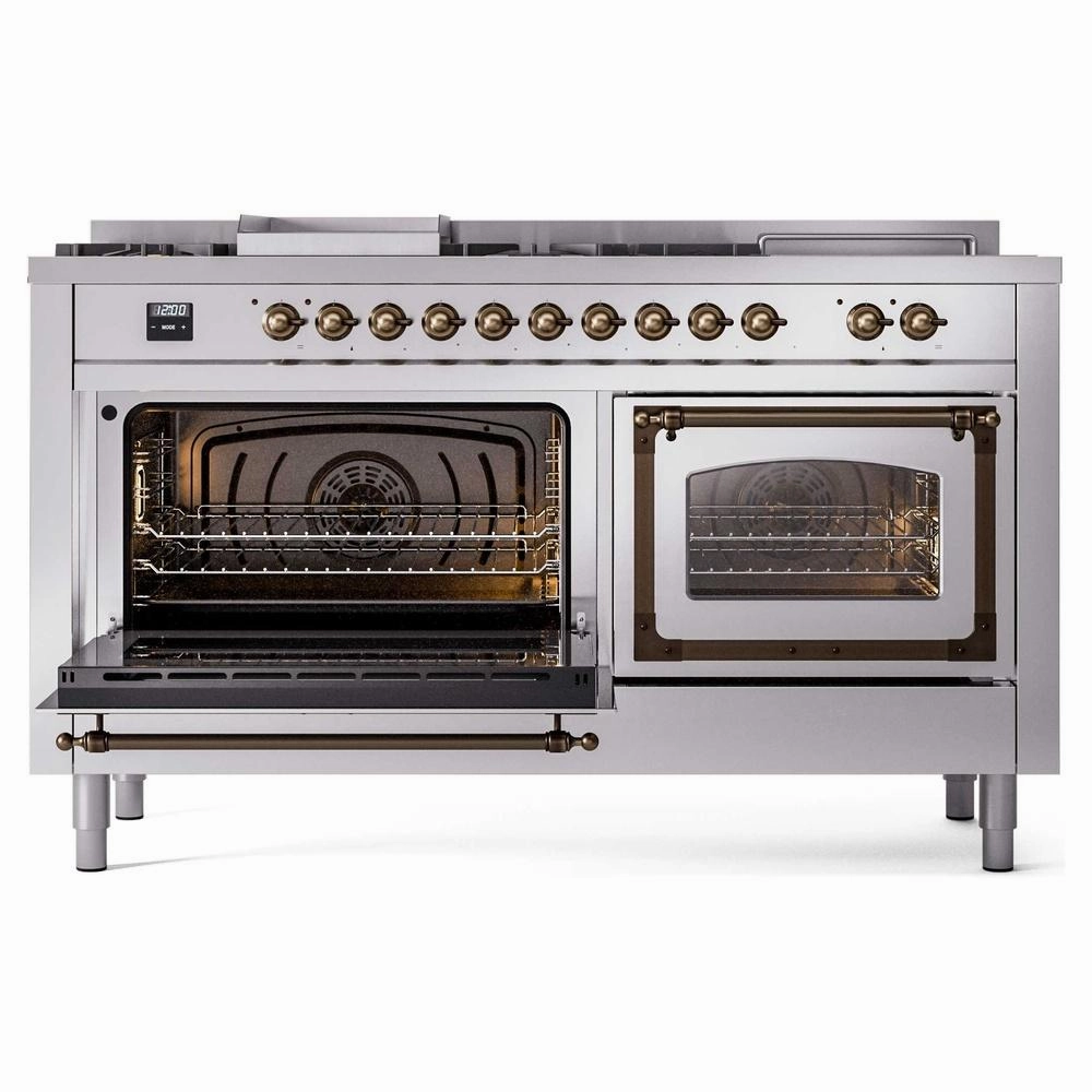 Ilve UN60FSNMPSSBLP Ilve Un60Fsnmpssblp Nostalgie Ii Noblesse 60" Dual Fuel Range (7 Sealed Burners   Griddle   French Top, Liquid Propane, Triple Glass Door, Stainless Steel, Burnished)