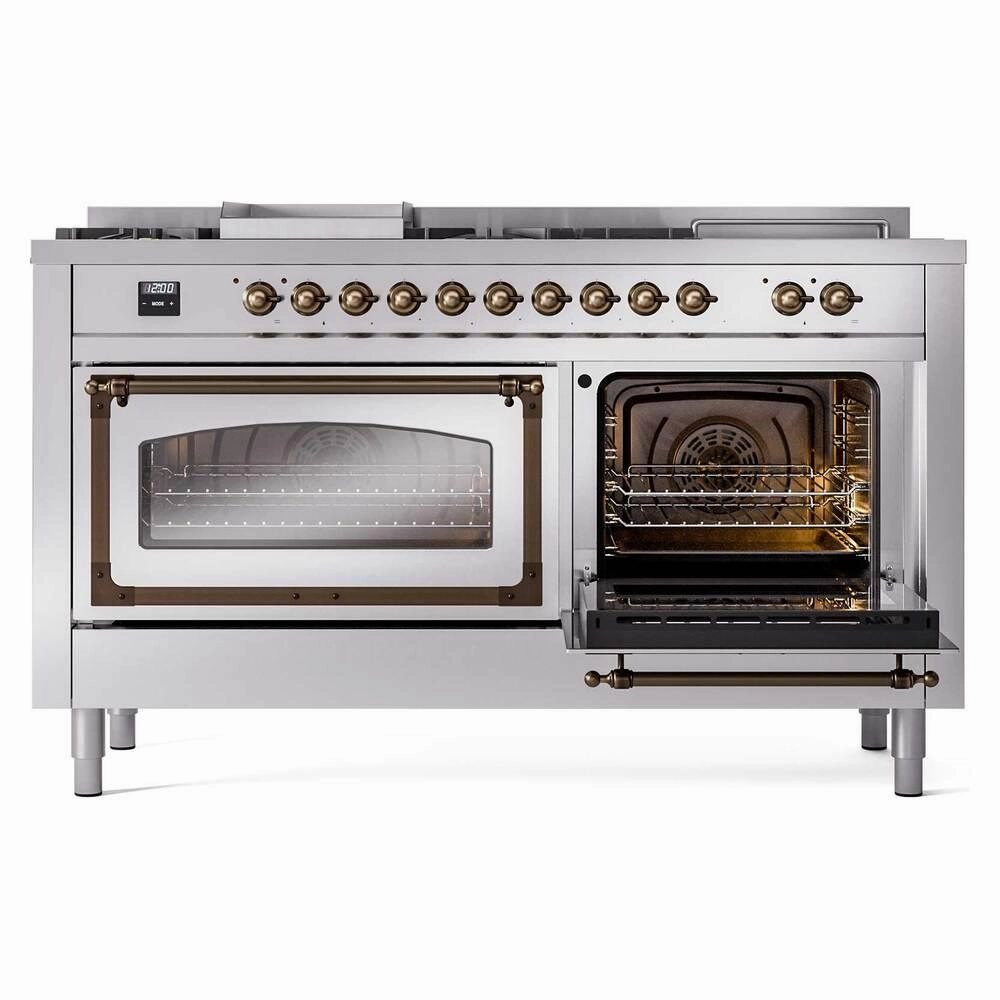 Ilve UN60FSNMPSSBLP Ilve Un60Fsnmpssblp Nostalgie Ii Noblesse 60" Dual Fuel Range (7 Sealed Burners   Griddle   French Top, Liquid Propane, Triple Glass Door, Stainless Steel, Burnished)