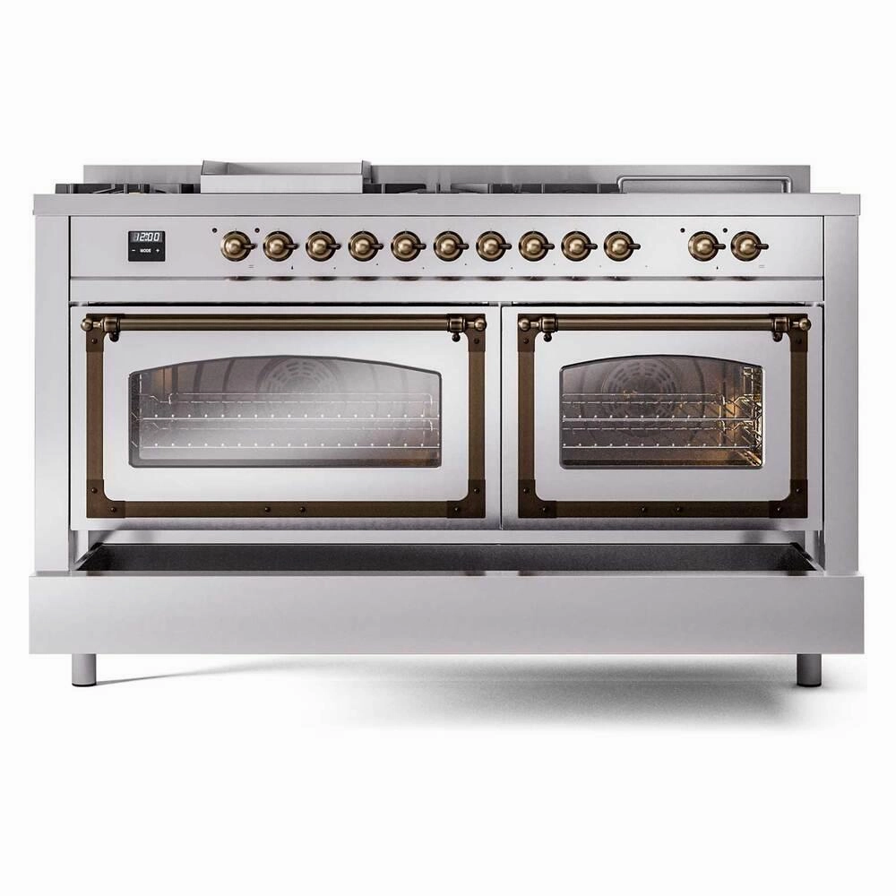 Ilve UN60FSNMPSSBLP Ilve Un60Fsnmpssblp Nostalgie Ii Noblesse 60" Dual Fuel Range (7 Sealed Burners   Griddle   French Top, Liquid Propane, Triple Glass Door, Stainless Steel, Burnished)