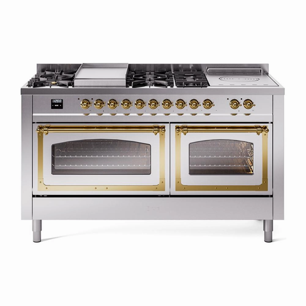 Ilve UN60FSNMPSSG Ilve Un60Fsnmpssg Nostalgie Ii Noblesse 60" Dual Fuel Range (7 Sealed Burners   Griddle   French Top, Natural Gas, Triple Glass Door, Stainless Steel, Brass)