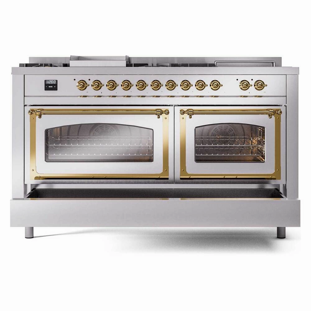 Ilve UN60FSNMPSSG Ilve Un60Fsnmpssg Nostalgie Ii Noblesse 60" Dual Fuel Range (7 Sealed Burners   Griddle   French Top, Natural Gas, Triple Glass Door, Stainless Steel, Brass)