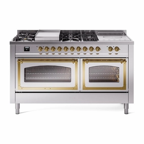 Ilve UN60FSNMPSSG Ilve Un60Fsnmpssg Nostalgie Ii Noblesse 60" Dual Fuel Range (7 Sealed Burners   Griddle   French Top, Natural Gas, Triple Glass Door, Stainless Steel, Brass)