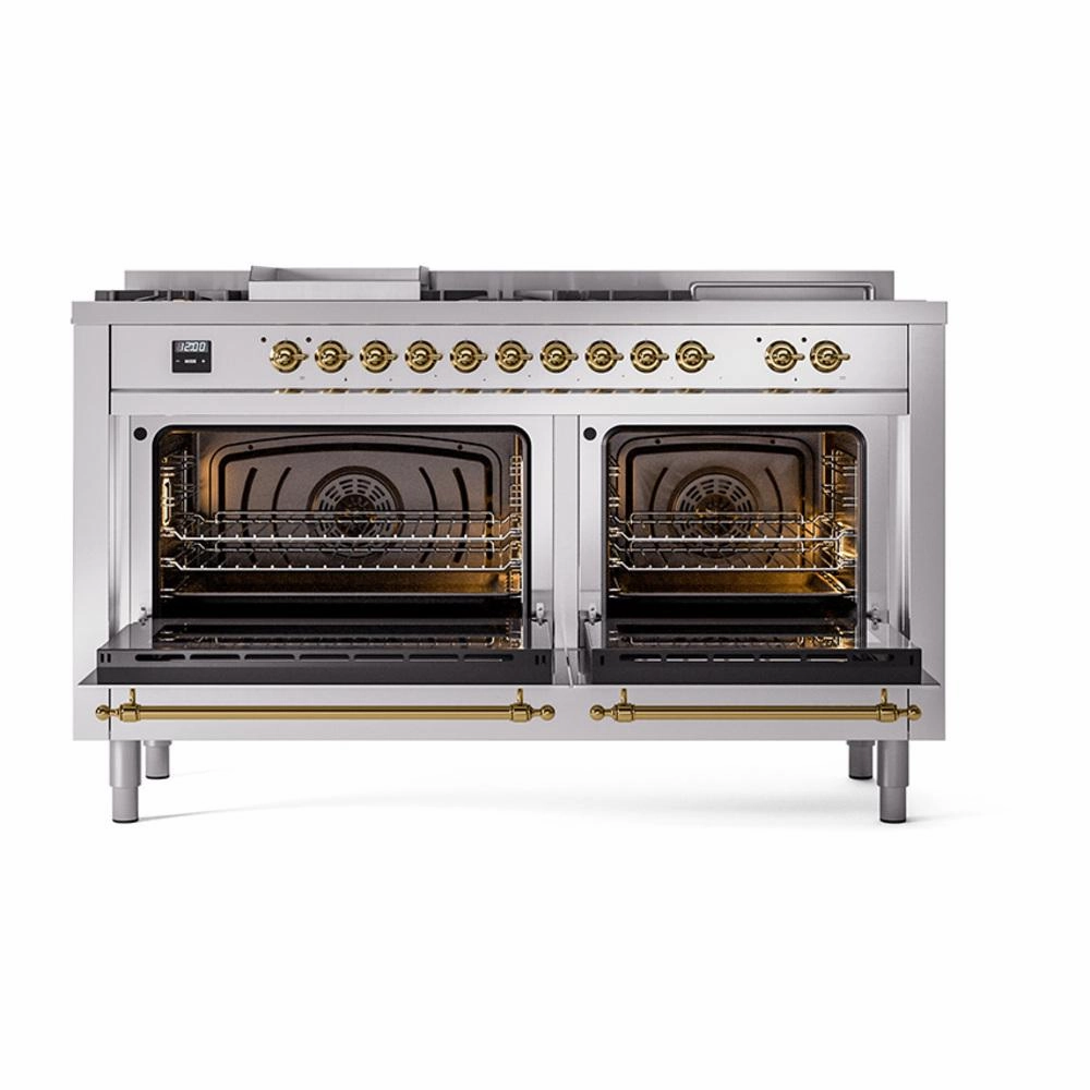 Ilve UN60FSNMPSSG Ilve Un60Fsnmpssg Nostalgie Ii Noblesse 60" Dual Fuel Range (7 Sealed Burners   Griddle   French Top, Natural Gas, Triple Glass Door, Stainless Steel, Brass)