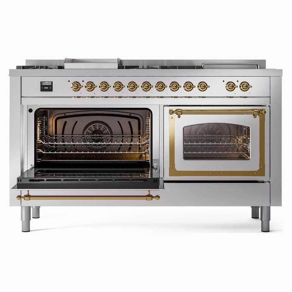 Ilve UN60FSNMPSSG Ilve Un60Fsnmpssg Nostalgie Ii Noblesse 60" Dual Fuel Range (7 Sealed Burners   Griddle   French Top, Natural Gas, Triple Glass Door, Stainless Steel, Brass)