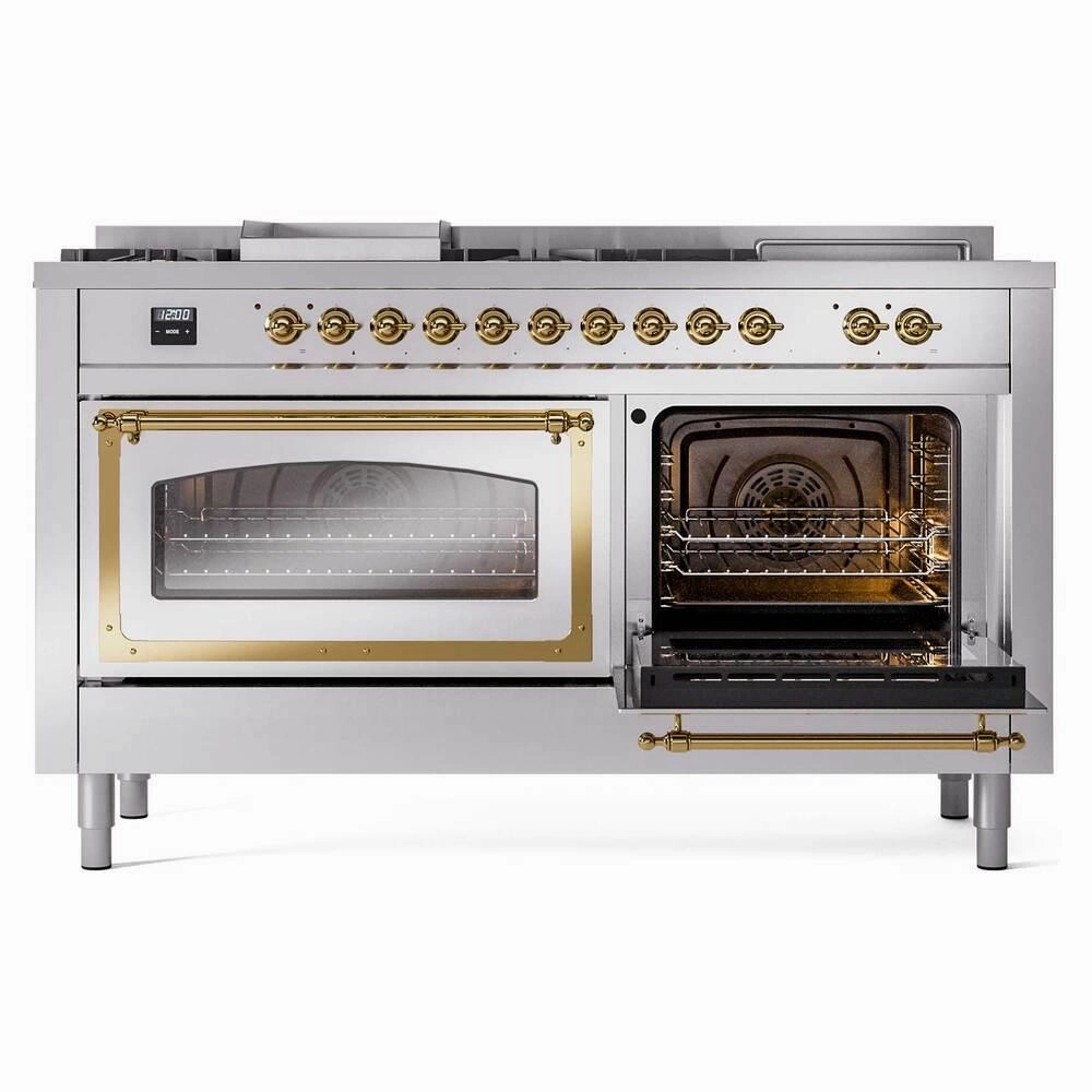 Ilve UN60FSNMPSSG Ilve Un60Fsnmpssg Nostalgie Ii Noblesse 60" Dual Fuel Range (7 Sealed Burners   Griddle   French Top, Natural Gas, Triple Glass Door, Stainless Steel, Brass)