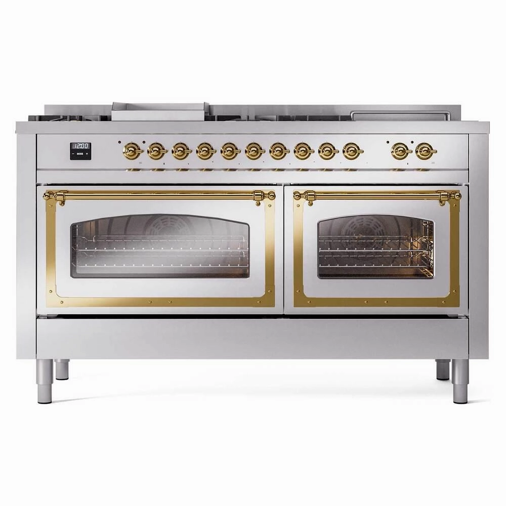 Ilve UN60FSNMPSSG Ilve Un60Fsnmpssg Nostalgie Ii Noblesse 60" Dual Fuel Range (7 Sealed Burners   Griddle   French Top, Natural Gas, Triple Glass Door, Stainless Steel, Brass)