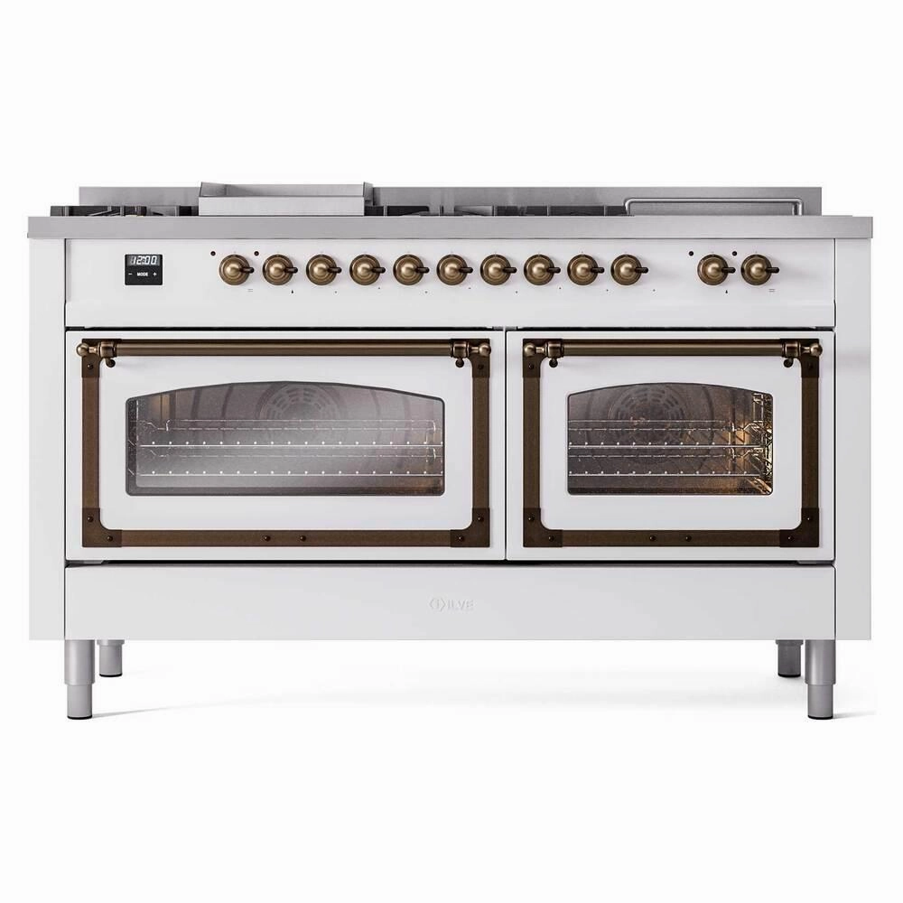 Ilve UN60FSNMPWHBLP Ilve Un60Fsnmpwhblp Nostalgie Ii Noblesse 60" Dual Fuel Range (7 Sealed Burners   Griddle   French Top, Liquid Propane, Triple Glass Door, White, Burnished)