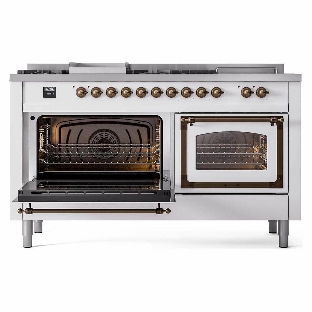 Ilve UN60FSNMPWHBLP Ilve Un60Fsnmpwhblp Nostalgie Ii Noblesse 60" Dual Fuel Range (7 Sealed Burners   Griddle   French Top, Liquid Propane, Triple Glass Door, White, Burnished)