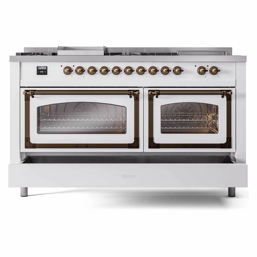 Ilve UN60FSNMPWHBLP Ilve Un60Fsnmpwhblp Nostalgie Ii Noblesse 60" Dual Fuel Range (7 Sealed Burners   Griddle   French Top, Liquid Propane, Triple Glass Door, White, Burnished)