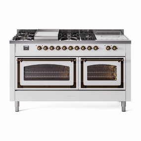 Ilve UN60FSNMPWHBLP Ilve Un60Fsnmpwhblp Nostalgie Ii Noblesse 60" Dual Fuel Range (7 Sealed Burners   Griddle   French Top, Liquid Propane, Triple Glass Door, White, Burnished)