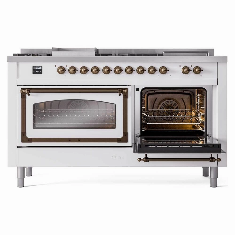 Ilve UN60FSNMPWHBLP Ilve Un60Fsnmpwhblp Nostalgie Ii Noblesse 60" Dual Fuel Range (7 Sealed Burners   Griddle   French Top, Liquid Propane, Triple Glass Door, White, Burnished)