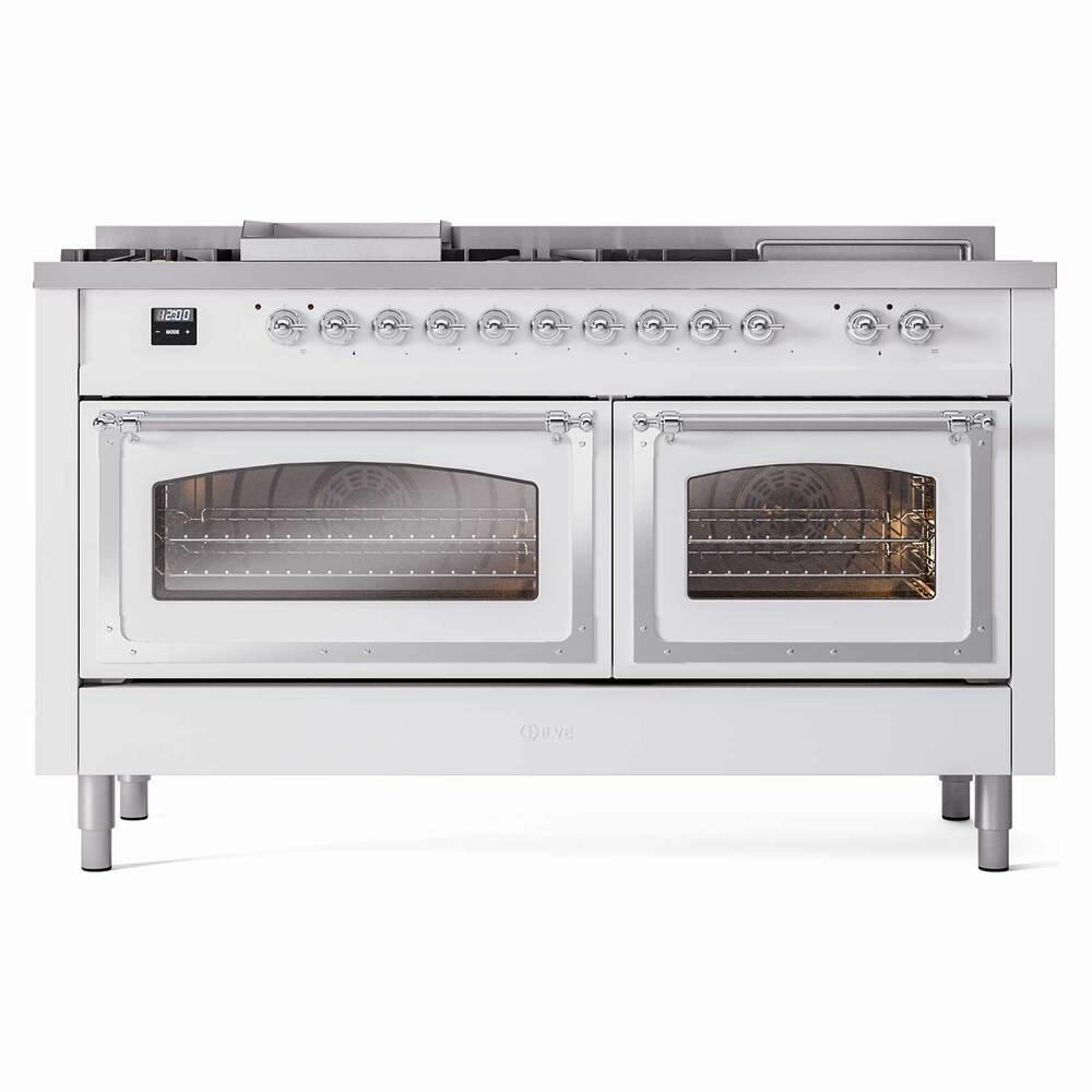Ilve UN60FSNMPWHCLP Ilve Un60Fsnmpwhclp Nostalgie Ii Noblesse 60" Dual Fuel Range (7 Sealed Burners   Griddle   French Top, Liquid Propane, Triple Glass Door, White, Chrome)