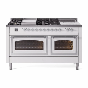 Ilve UN60FSNMPWHCLP Ilve Un60Fsnmpwhclp Nostalgie Ii Noblesse 60" Dual Fuel Range (7 Sealed Burners   Griddle   French Top, Liquid Propane, Triple Glass Door, White, Chrome)