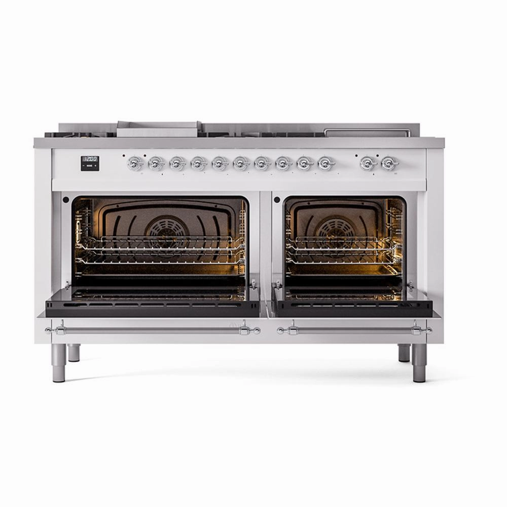Ilve UN60FSNMPWHCLP Ilve Un60Fsnmpwhclp Nostalgie Ii Noblesse 60" Dual Fuel Range (7 Sealed Burners   Griddle   French Top, Liquid Propane, Triple Glass Door, White, Chrome)