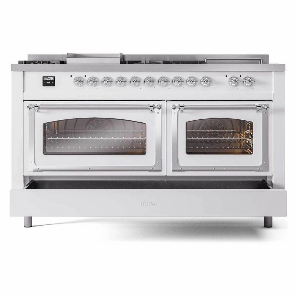 Ilve UN60FSNMPWHCLP Ilve Un60Fsnmpwhclp Nostalgie Ii Noblesse 60" Dual Fuel Range (7 Sealed Burners   Griddle   French Top, Liquid Propane, Triple Glass Door, White, Chrome)