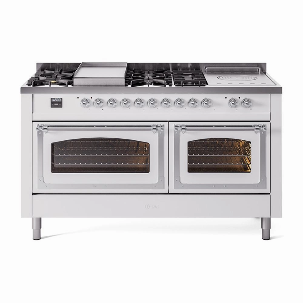 Ilve UN60FSNMPWHCLP Ilve Un60Fsnmpwhclp Nostalgie Ii Noblesse 60" Dual Fuel Range (7 Sealed Burners   Griddle   French Top, Liquid Propane, Triple Glass Door, White, Chrome)