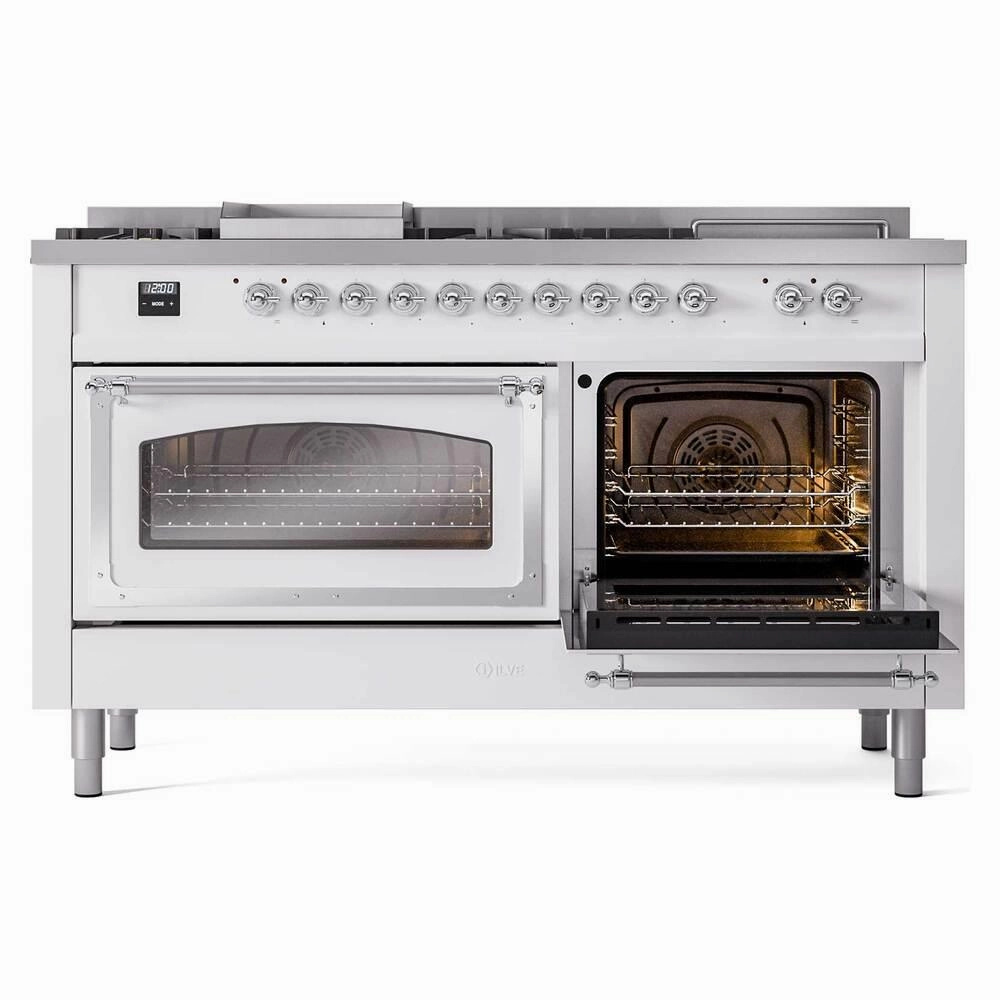 Ilve UN60FSNMPWHCLP Ilve Un60Fsnmpwhclp Nostalgie Ii Noblesse 60" Dual Fuel Range (7 Sealed Burners   Griddle   French Top, Liquid Propane, Triple Glass Door, White, Chrome)
