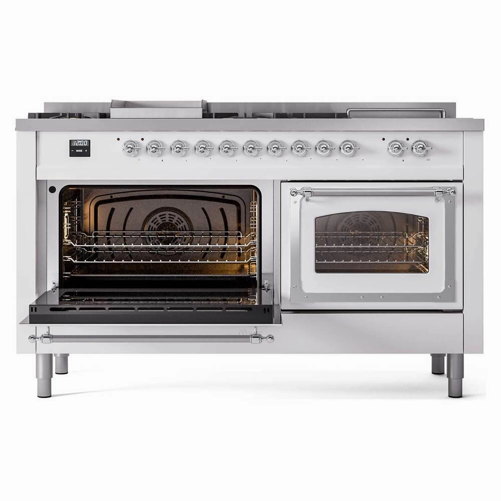 Ilve UN60FSNMPWHCLP Ilve Un60Fsnmpwhclp Nostalgie Ii Noblesse 60" Dual Fuel Range (7 Sealed Burners   Griddle   French Top, Liquid Propane, Triple Glass Door, White, Chrome)