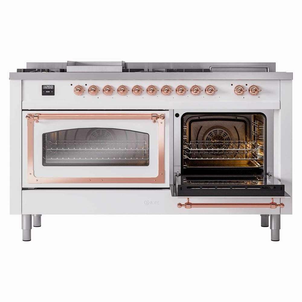 Ilve UN60FSNMPWHP Ilve Un60Fsnmpwhp Nostalgie Ii Noblesse 60" Dual Fuel Range (7 Sealed Burners   Griddle   French Top, Natural Gas, Triple Glass Door, White, Copper)
