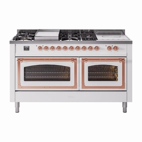 Ilve UN60FSNMPWHP Ilve Un60Fsnmpwhp Nostalgie Ii Noblesse 60" Dual Fuel Range (7 Sealed Burners   Griddle   French Top, Natural Gas, Triple Glass Door, White, Copper)