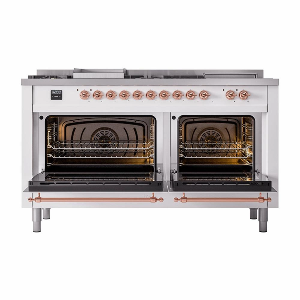 Ilve UN60FSNMPWHP Ilve Un60Fsnmpwhp Nostalgie Ii Noblesse 60" Dual Fuel Range (7 Sealed Burners   Griddle   French Top, Natural Gas, Triple Glass Door, White, Copper)