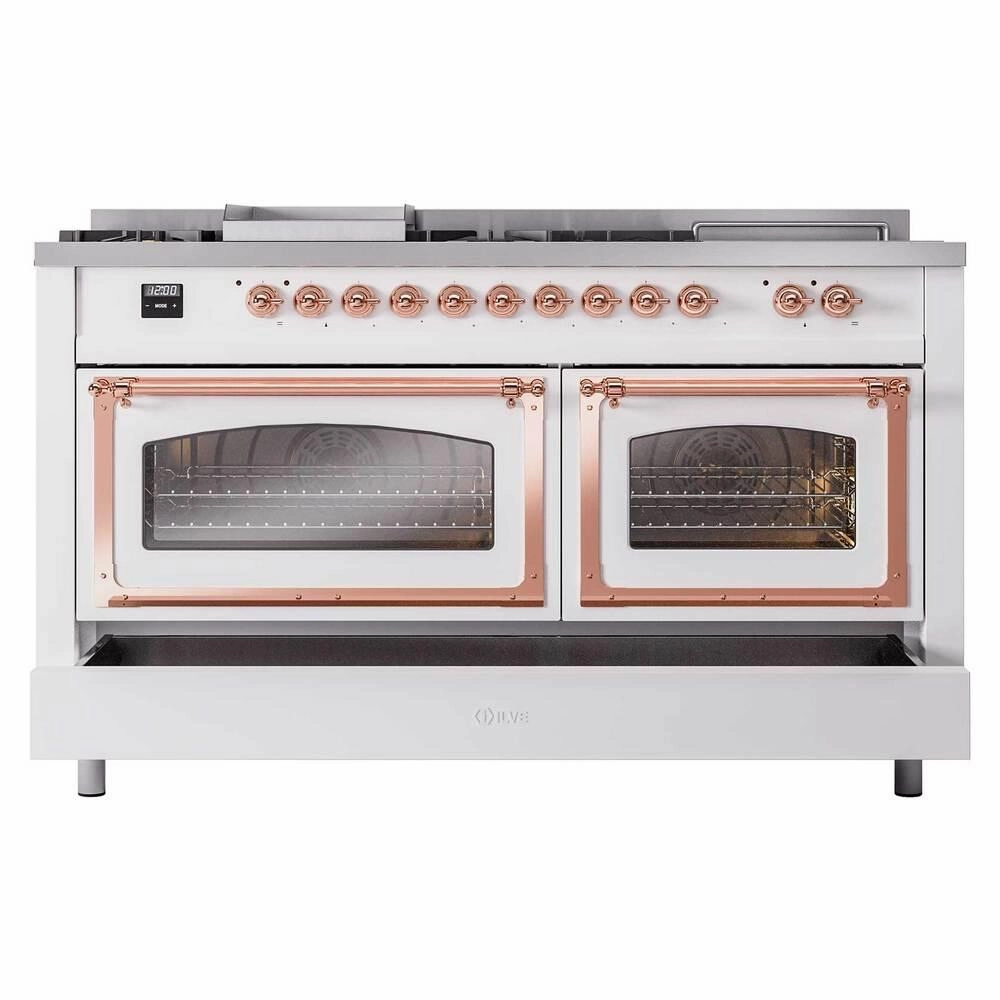 Ilve UN60FSNMPWHP Ilve Un60Fsnmpwhp Nostalgie Ii Noblesse 60" Dual Fuel Range (7 Sealed Burners   Griddle   French Top, Natural Gas, Triple Glass Door, White, Copper)