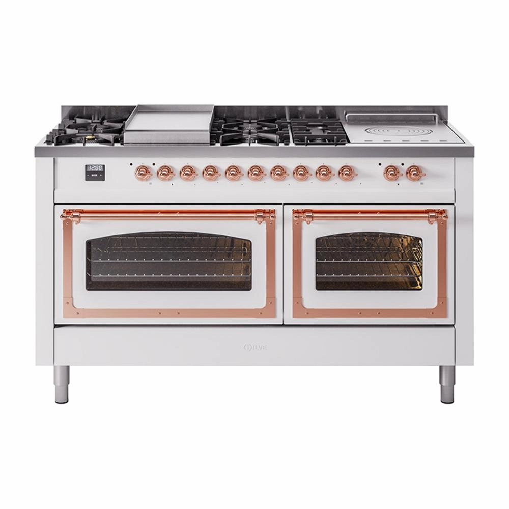 Ilve UN60FSNMPWHP Ilve Un60Fsnmpwhp Nostalgie Ii Noblesse 60" Dual Fuel Range (7 Sealed Burners   Griddle   French Top, Natural Gas, Triple Glass Door, White, Copper)