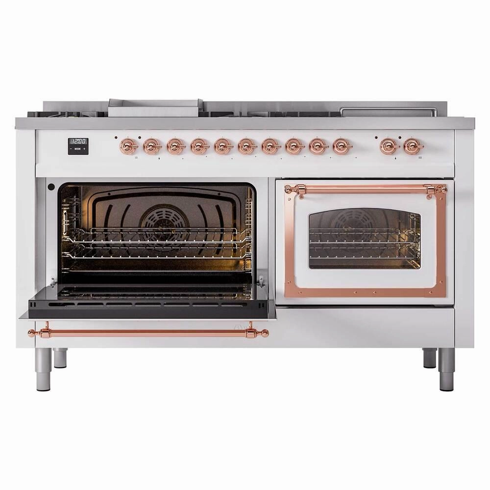 Ilve UN60FSNMPWHP Ilve Un60Fsnmpwhp Nostalgie Ii Noblesse 60" Dual Fuel Range (7 Sealed Burners   Griddle   French Top, Natural Gas, Triple Glass Door, White, Copper)