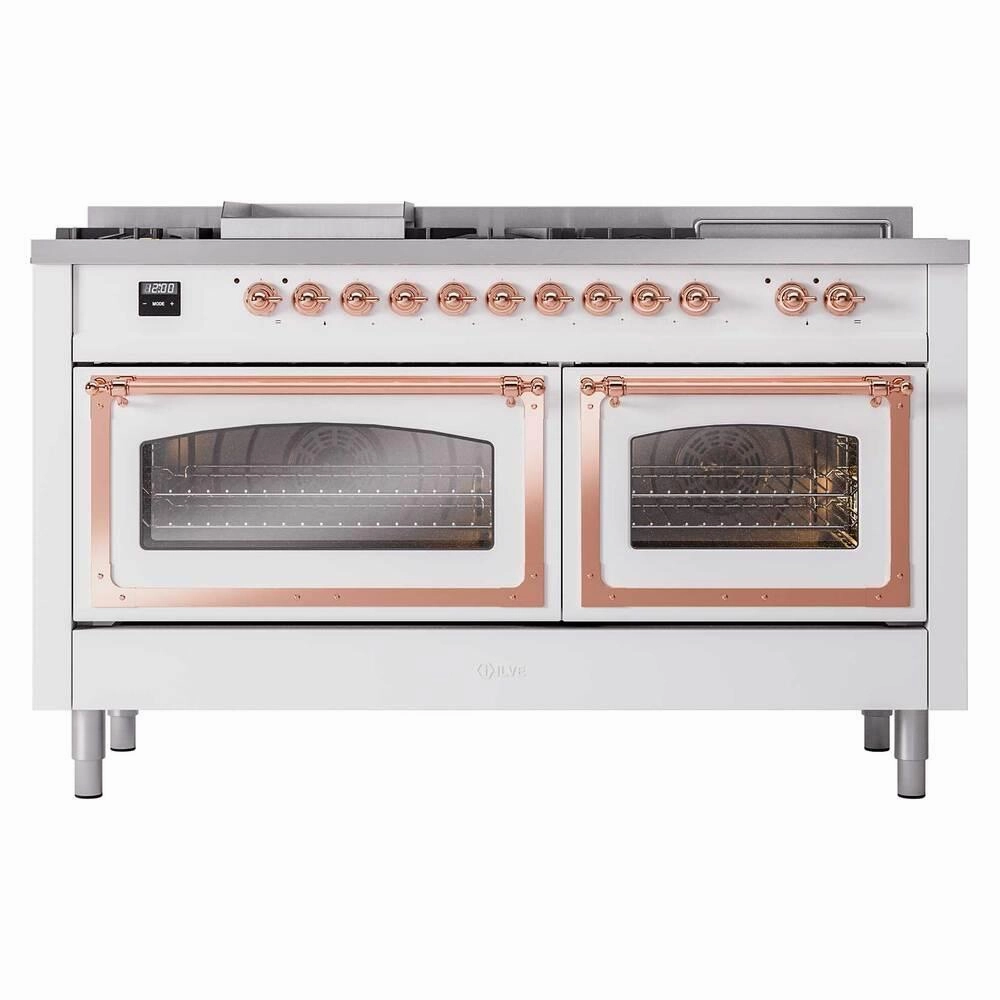 Ilve UN60FSNMPWHP Ilve Un60Fsnmpwhp Nostalgie Ii Noblesse 60" Dual Fuel Range (7 Sealed Burners   Griddle   French Top, Natural Gas, Triple Glass Door, White, Copper)
