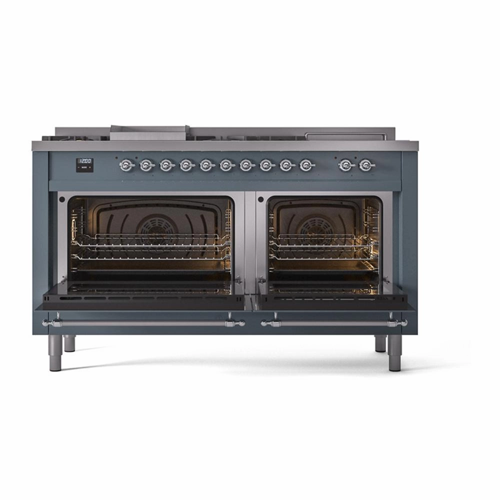 Ilve UN60FSQNMPBGC Ilve Un60Fsqnmpbgc Nostalgie Ii Noblesse 60" Dual Fuel Range (7 Sealed Burners   Griddle   French Top, Natural Gas, Solid Door, Blue Grey, Chrome)