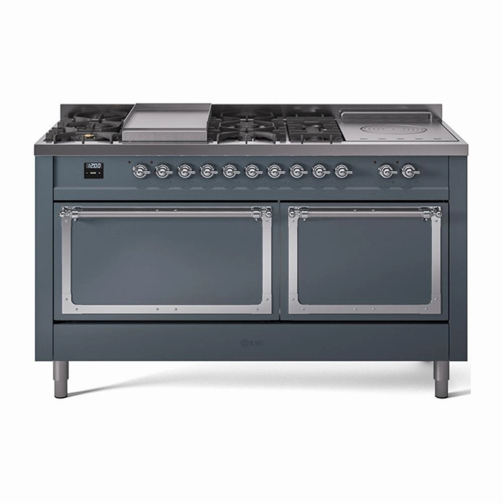 Ilve UN60FSQNMPBGC Ilve Un60Fsqnmpbgc Nostalgie Ii Noblesse 60" Dual Fuel Range (7 Sealed Burners   Griddle   French Top, Natural Gas, Solid Door, Blue Grey, Chrome)