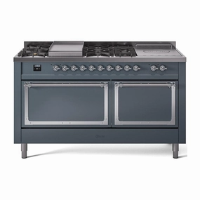 Ilve UN60FSQNMPBGC Ilve Un60Fsqnmpbgc Nostalgie Ii Noblesse 60" Dual Fuel Range (7 Sealed Burners   Griddle   French Top, Natural Gas, Solid Door, Blue Grey, Chrome)