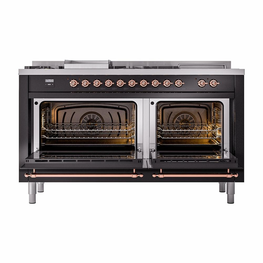 Ilve UN60FSQNMPBKPLP Ilve Un60Fsqnmpbkplp Nostalgie Ii Noblesse 60" Dual Fuel Range (7 Sealed Burners   Griddle   French Top, Liquid Propane, Solid Door, Glossy Black, Copper)