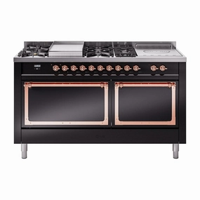 Ilve UN60FSQNMPBKPLP Ilve Un60Fsqnmpbkplp Nostalgie Ii Noblesse 60" Dual Fuel Range (7 Sealed Burners   Griddle   French Top, Liquid Propane, Solid Door, Glossy Black, Copper)