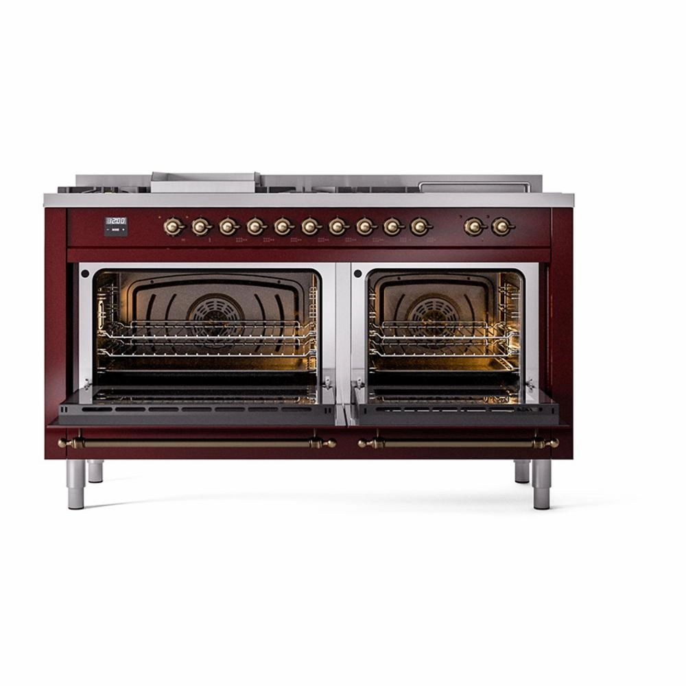 Ilve UN60FSQNMPBUB Ilve Un60Fsqnmpbub Nostalgie Ii Noblesse 60" Dual Fuel Range (7 Sealed Burners   Griddle   French Top, Natural Gas, Solid Door, Burgundy, Burnished)