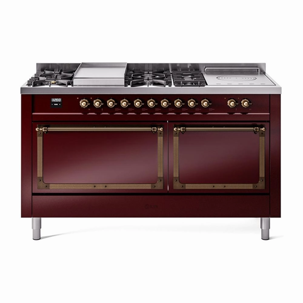 Ilve UN60FSQNMPBUB Ilve Un60Fsqnmpbub Nostalgie Ii Noblesse 60" Dual Fuel Range (7 Sealed Burners   Griddle   French Top, Natural Gas, Solid Door, Burgundy, Burnished)