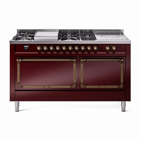 Ilve UN60FSQNMPBUB Ilve Un60Fsqnmpbub Nostalgie Ii Noblesse 60" Dual Fuel Range (7 Sealed Burners   Griddle   French Top, Natural Gas, Solid Door, Burgundy, Burnished)