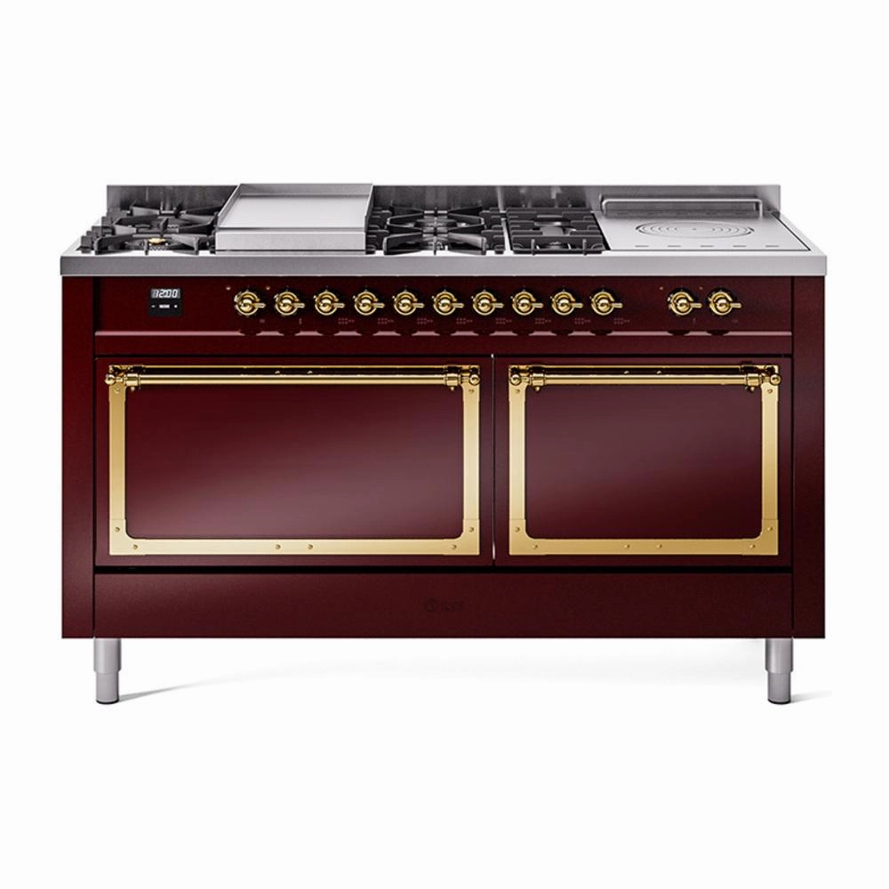 Ilve UN60FSQNMPBUG Ilve Un60Fsqnmpbug Nostalgie Ii Noblesse 60" Dual Fuel Range (7 Sealed Burners   Griddle   French Top, Natural Gas, Solid Door, Burgundy, Brass)