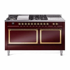 Ilve UN60FSQNMPBUG Ilve Un60Fsqnmpbug Nostalgie Ii Noblesse 60" Dual Fuel Range (7 Sealed Burners   Griddle   French Top, Natural Gas, Solid Door, Burgundy, Brass)