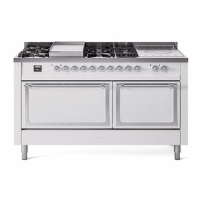 Ilve UN60FSQNMPWHC Ilve Un60Fsqnmpwhc Nostalgie Ii Noblesse 60" Dual Fuel Range (7 Sealed Burners   Griddle   French Top, Natural Gas, Solid Door, White, Chrome)