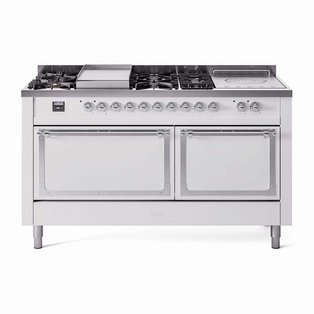 Ilve UN60FSQNMPWHC Ilve Un60Fsqnmpwhc Nostalgie Ii Noblesse 60" Dual Fuel Range (7 Sealed Burners   Griddle   French Top, Natural Gas, Solid Door, White, Chrome)
