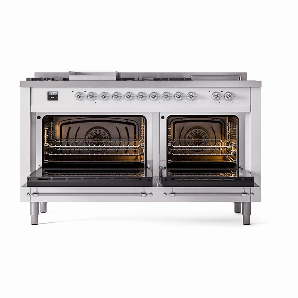 Ilve UN60FSQNMPWHC Ilve Un60Fsqnmpwhc Nostalgie Ii Noblesse 60" Dual Fuel Range (7 Sealed Burners   Griddle   French Top, Natural Gas, Solid Door, White, Chrome)
