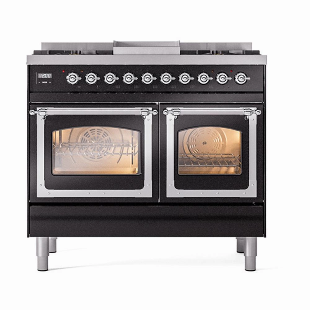 Ilve UND40FNMPBKCLP Ilve Und40Fnmpbkclp Nostalgie Ii Noblesse 40" Dual Fuel Range (Liquid Propane, Triple Glass Door, Glossy Black, Chrome)