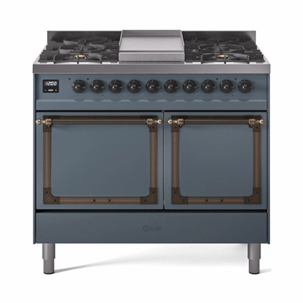 Ilve UND40FQNMPBGB Ilve Und40Fqnmpbgb Nostalgie Ii Noblesse 40" Dual Fuel Range (Natural Gas, Solid Door, Blue Grey, Burnished)
