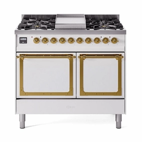 Ilve UND40FQNMPWHG Ilve Und40Fqnmpwhg Nostalgie Ii Noblesse 40" Dual Fuel Range (Natural Gas, Solid Door, White, Brass)