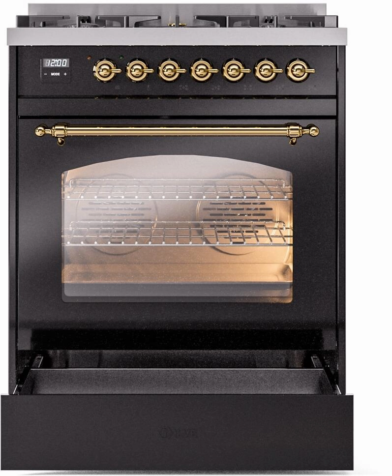 Ilve UP30NMPBKGLP Nostalgie Ii 30 Inch Dual Fuel Liquid Propane Freestanding Range In Glossy Black With Brass Trim