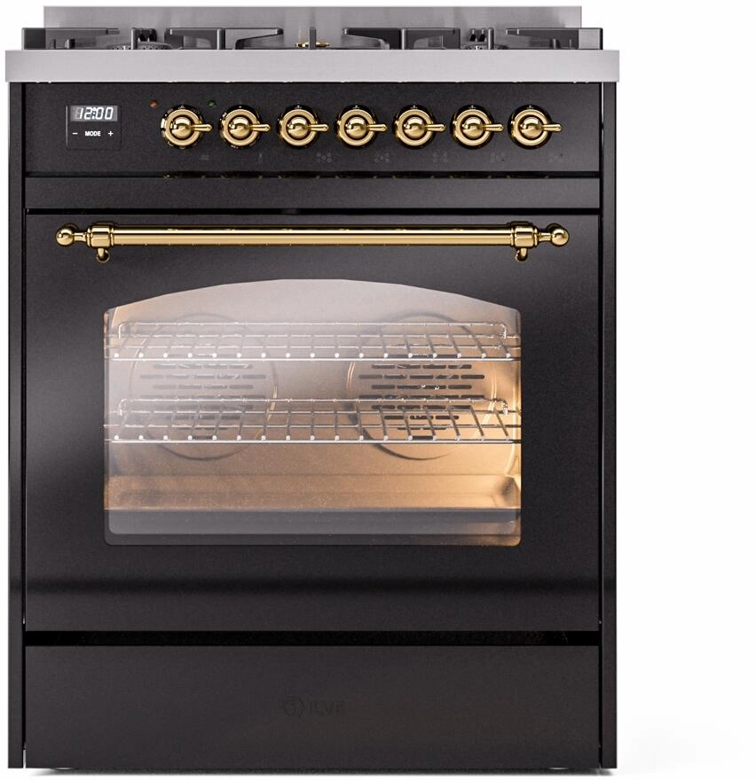 Ilve UP30NMPBKGLP Nostalgie Ii 30 Inch Dual Fuel Liquid Propane Freestanding Range In Glossy Black With Brass Trim
